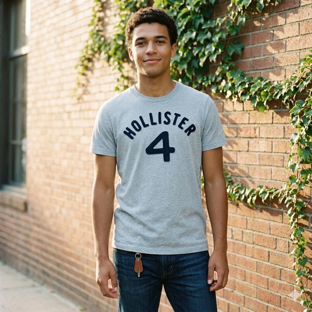 Vintage Hollister Mens XL Grey T-Shirt Felt Appliqué Logo Blue 4 Y2K Retro